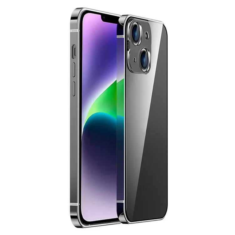 IM-CHEN Stainless Steel Frame Phone Case for iPhone 14 Plus, Anti-scratch Transparent Hard PC Back Cover - Black