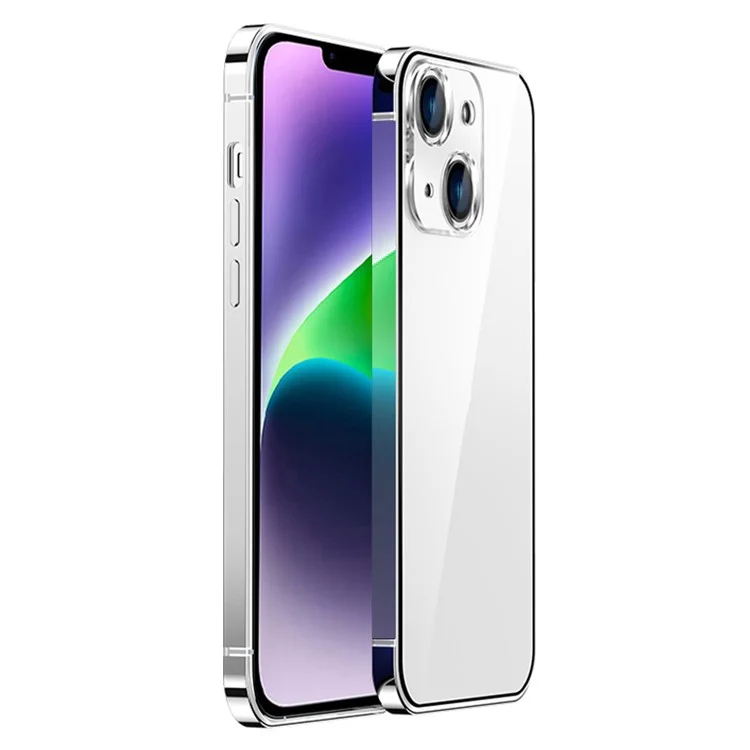 IM-CHEN Stainless Steel Frame Phone Case for iPhone 14 Plus, Anti-scratch Transparent Hard PC Back Cover - Silver