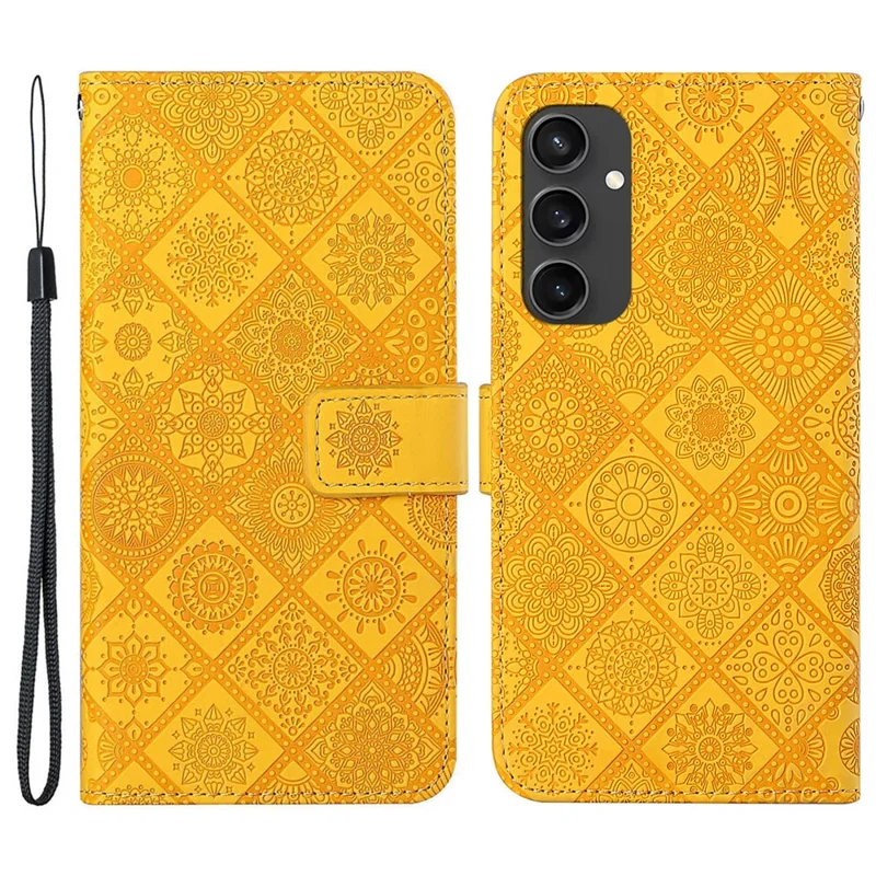 For Samsung Galaxy S24 FE Leather Case Ethnic Style Phone Wallet Cover with Strap - Yellow