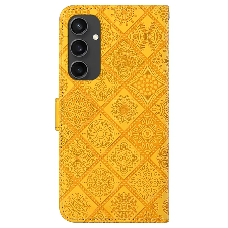 For Samsung Galaxy S24 FE Leather Case Ethnic Style Phone Wallet Cover with Strap - Yellow