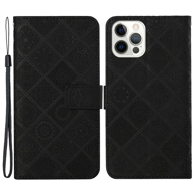 For iPhone 16 Pro Max Leather Case Ethnic Style Phone Wallet Cover with Strap - Black