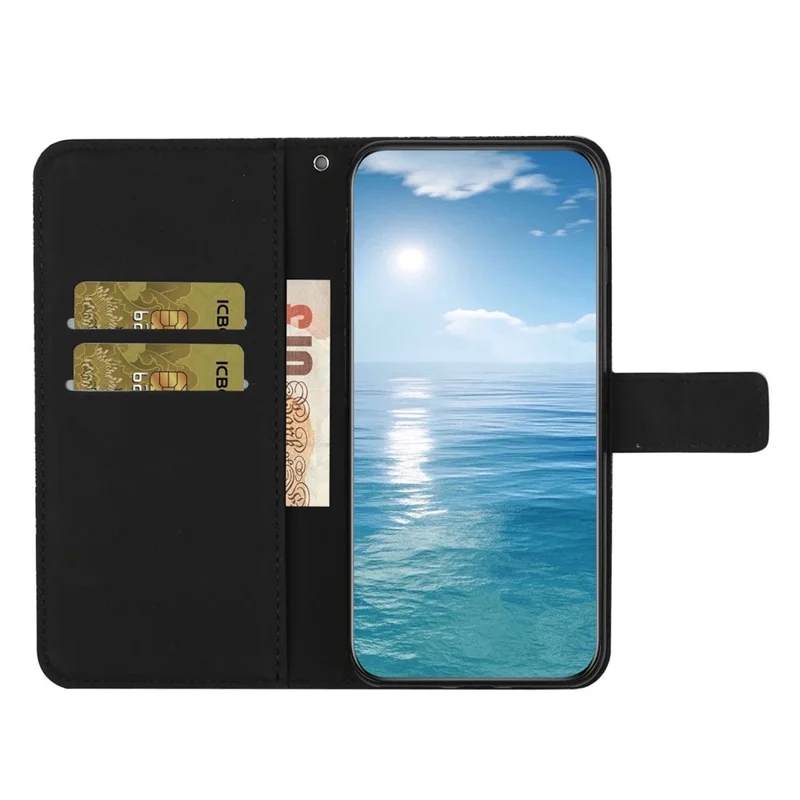 For iPhone 16 Pro Max Leather Case Ethnic Style Phone Wallet Cover with Strap - Black