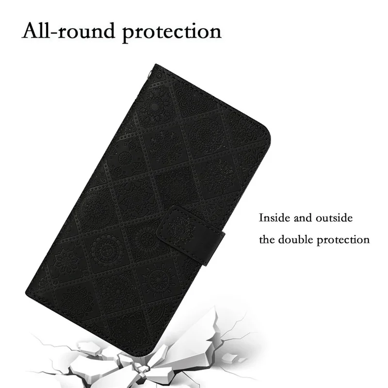 For iPhone 16 Pro Max Leather Case Ethnic Style Phone Wallet Cover with Strap - Black