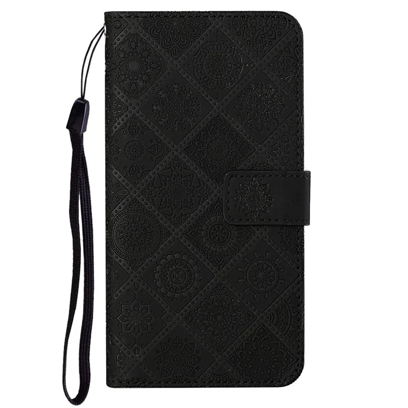 For iPhone 16 Pro Max Leather Case Ethnic Style Phone Wallet Cover with Strap - Black