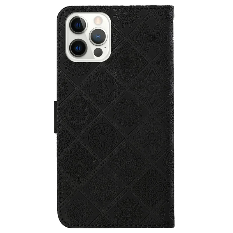 For iPhone 16 Pro Max Leather Case Ethnic Style Phone Wallet Cover with Strap - Black