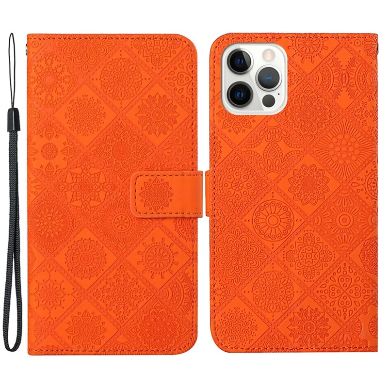 Для Iphone 16 Pro Leather Case Case Etnic Style Phone Cover с Ремешком - Апельсин