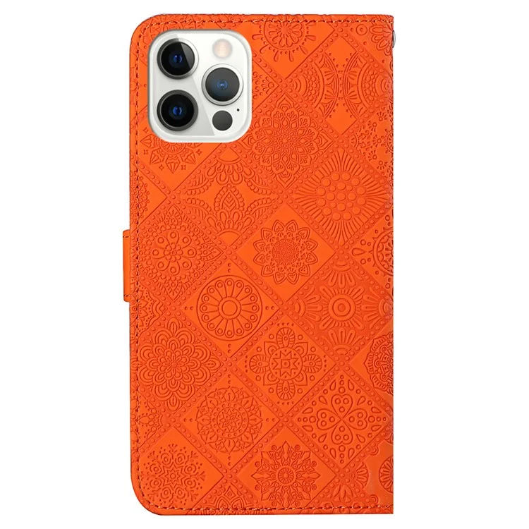 Для Iphone 16 Pro Leather Case Case Etnic Style Phone Cover с Ремешком - Апельсин