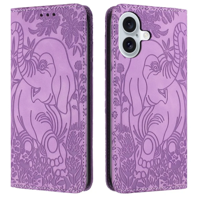 For iPhone 16 Plus Case PU Leather Wallet Phone Cover Elephant Pattern - Purple