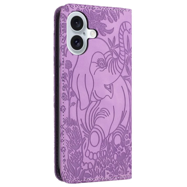 For iPhone 16 Plus Case PU Leather Wallet Phone Cover Elephant Pattern - Purple