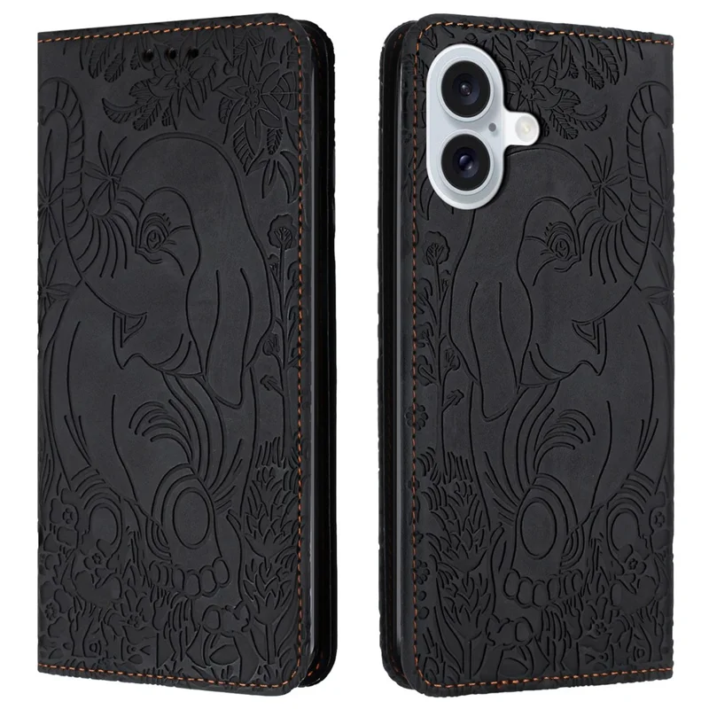 For iPhone 16 Plus Case PU Leather Wallet Phone Cover Elephant Pattern - Black