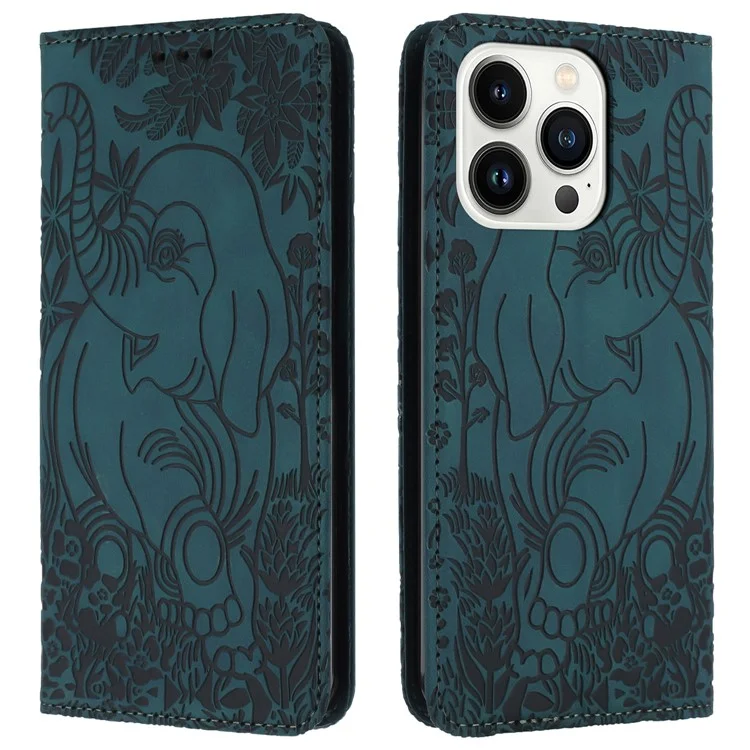 For iPhone 16 Pro Max Case PU Leather Wallet Phone Cover Elephant Pattern - Green