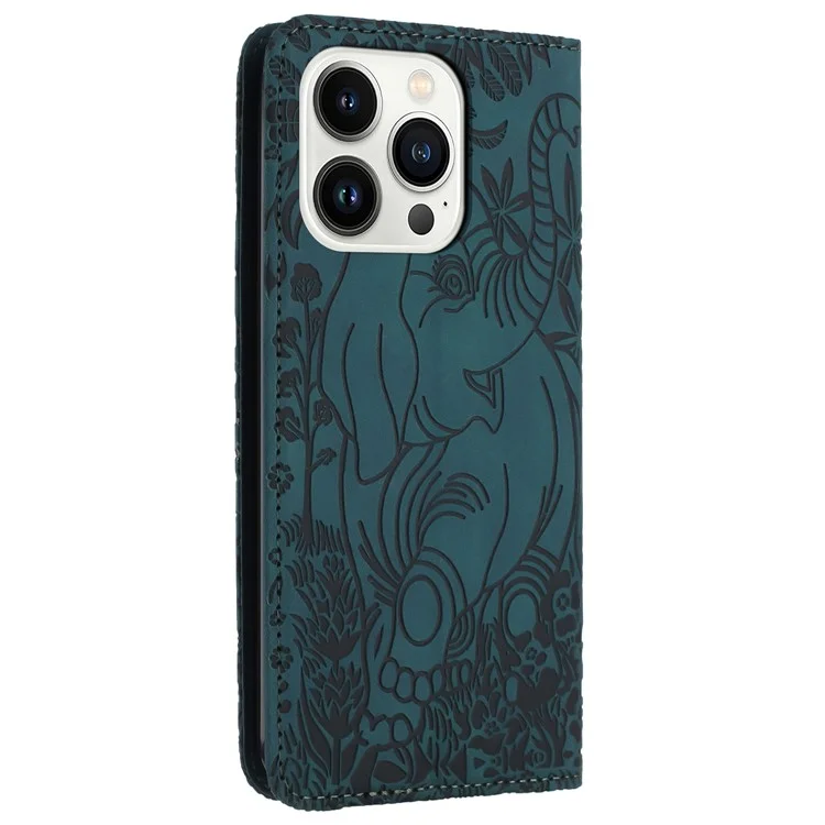 For iPhone 16 Pro Max Case PU Leather Wallet Phone Cover Elephant Pattern - Green