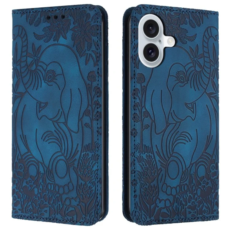 For iPhone 16 Case PU Leather Wallet Phone Cover Elephant Pattern - Blue