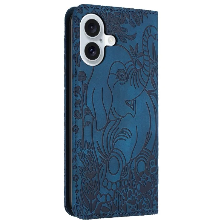 For iPhone 16 Case PU Leather Wallet Phone Cover Elephant Pattern - Blue