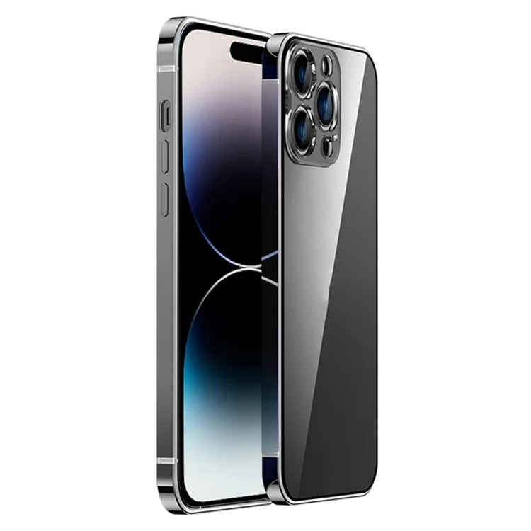 IM-CHEN Shockproof Phone Case for iPhone 14 Pro Max, Stainless Steel Bumper Transparent PC Back Cover - Black