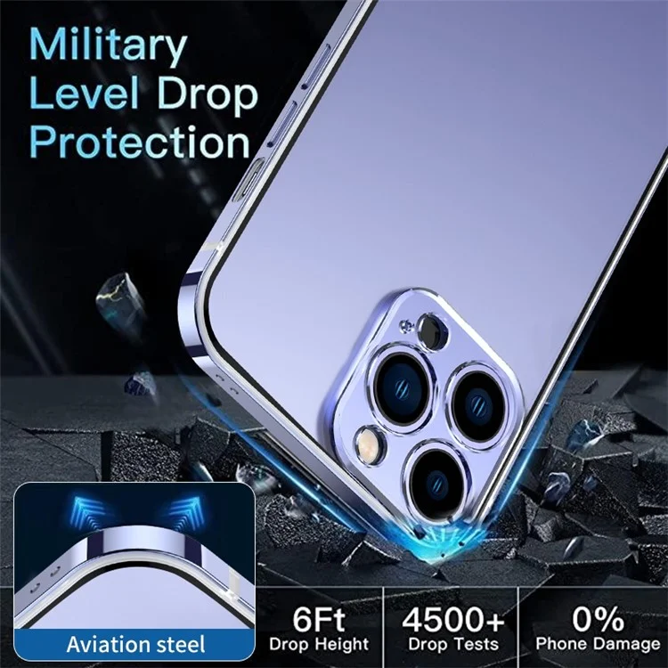 IM-CHEN Shockproof Phone Case for iPhone 14 Pro Max, Stainless Steel Bumper Transparent PC Back Cover - Black