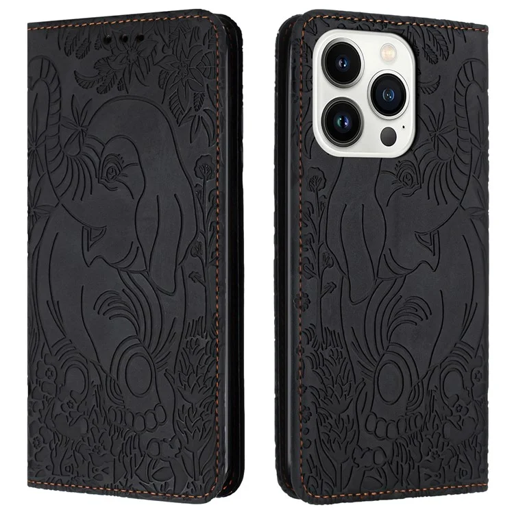 For iPhone 16 Pro Case PU Leather Wallet Phone Cover Elephant Pattern - Black