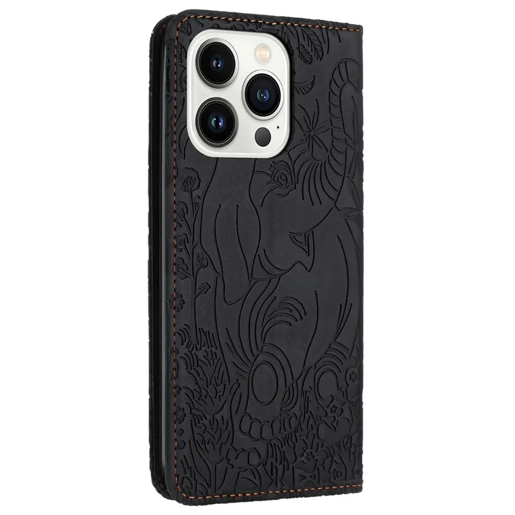 For iPhone 16 Pro Case PU Leather Wallet Phone Cover Elephant Pattern - Black