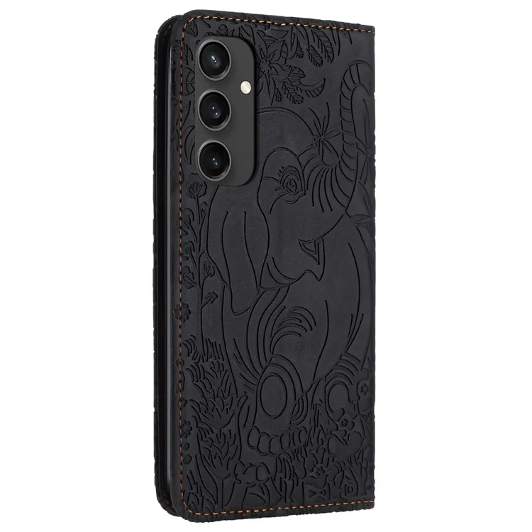 For Samsung Galaxy S24 FE Case PU Leather Wallet Phone Cover Elephant Pattern - Black