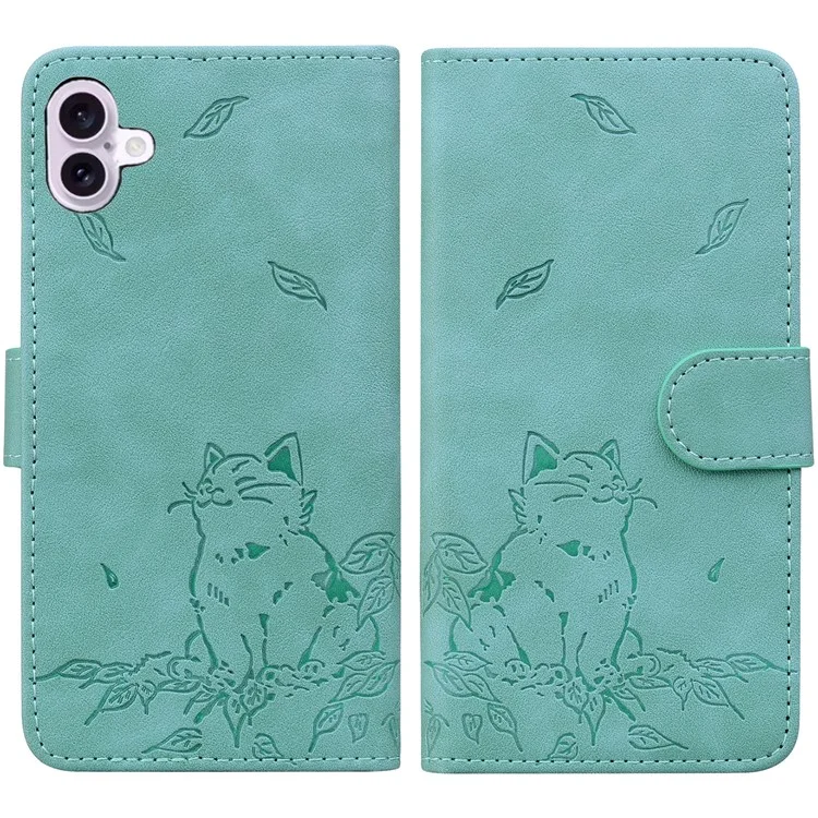 For iPhone 16 Case Wallet Cat Pattern Imprinted Leather Phone Cover - Green