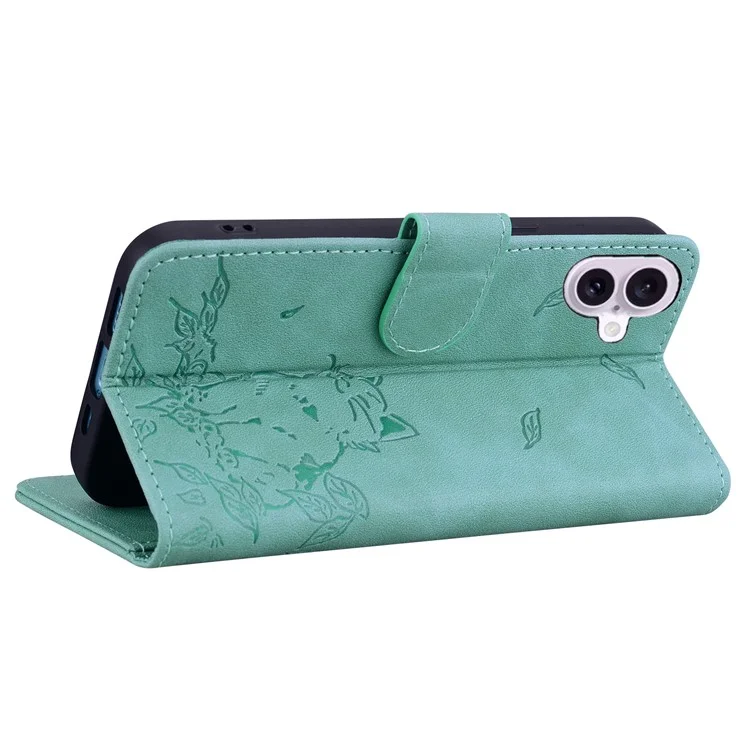 For iPhone 16 Case Wallet Cat Pattern Imprinted Leather Phone Cover - Green