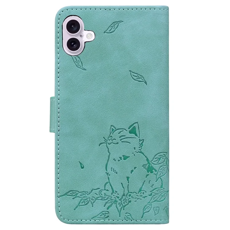 For iPhone 16 Case Wallet Cat Pattern Imprinted Leather Phone Cover - Green