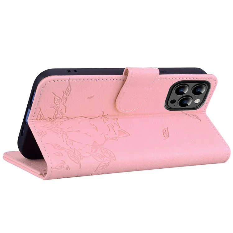 Para Iphone 16 Pro Case Wallet Patrón de Gato Cubierta de Teléfono de Cuero Impreso - Rosa