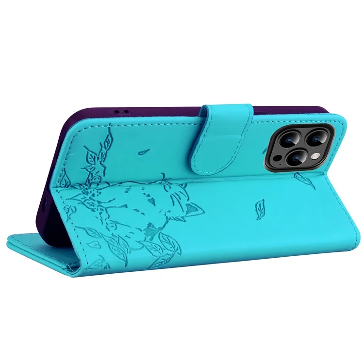 Para Iphone 15 Pro Case Wallet Cat Pattern Pattern Cheather Telepho - Lago Blue