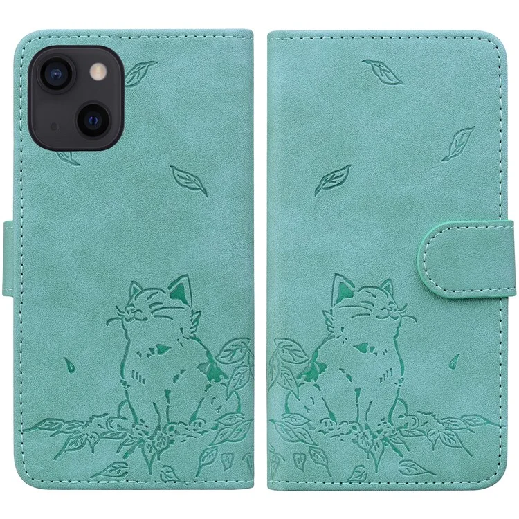 Para Iphone 15 Plus Case Wallet Patrón de Gato Cubierta de Teléfono de Cuero Impreso - Verde