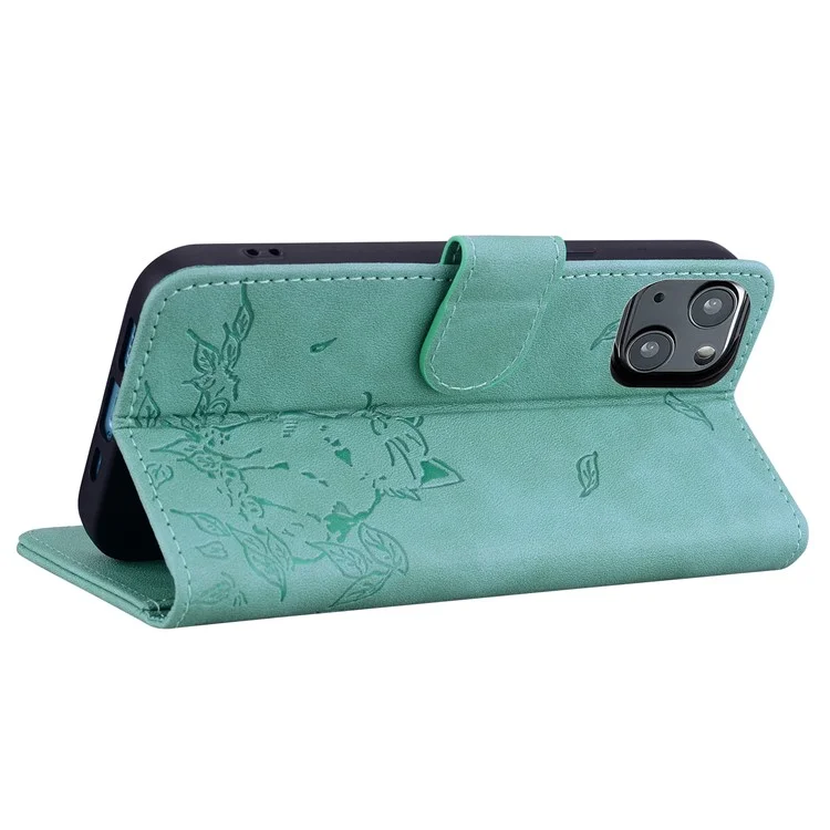 Para Iphone 15 Plus Case Wallet Patrón de Gato Cubierta de Teléfono de Cuero Impreso - Verde