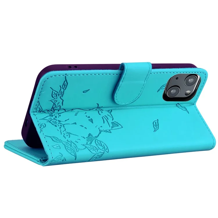Für iPhone 15 Case Wallet Cat Pattern Imprinted Leather Phone Cover - Lake Blue