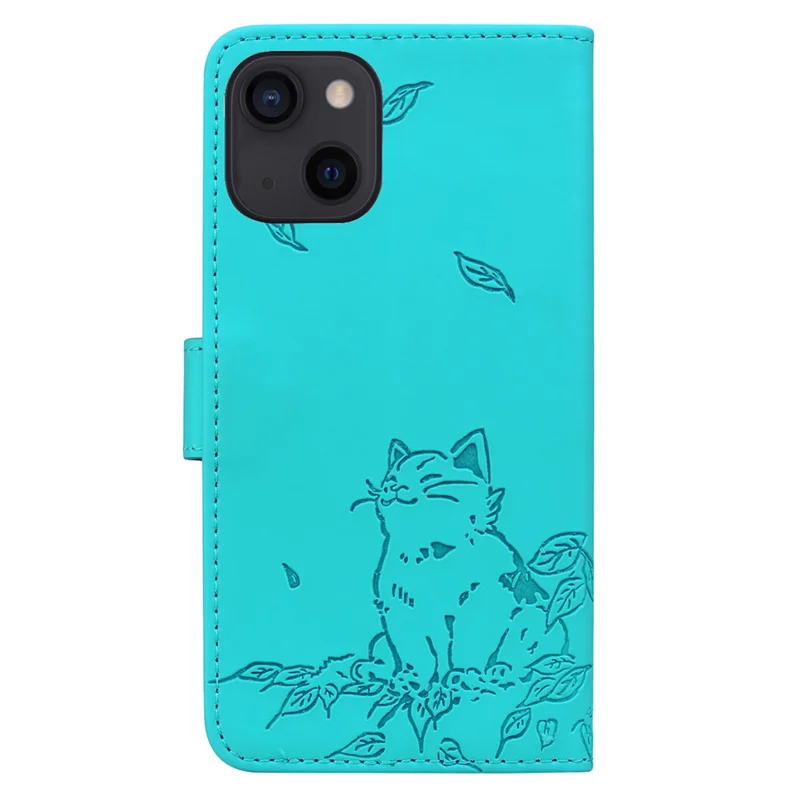 Für iPhone 15 Case Wallet Cat Pattern Imprinted Leather Phone Cover - Lake Blue