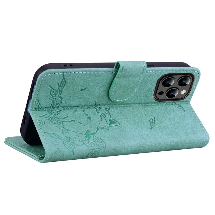 Para Iphone 13 Pro Case Wallet Cat Pattern Padrão de Couro Com Tampa de Telefone - Verde