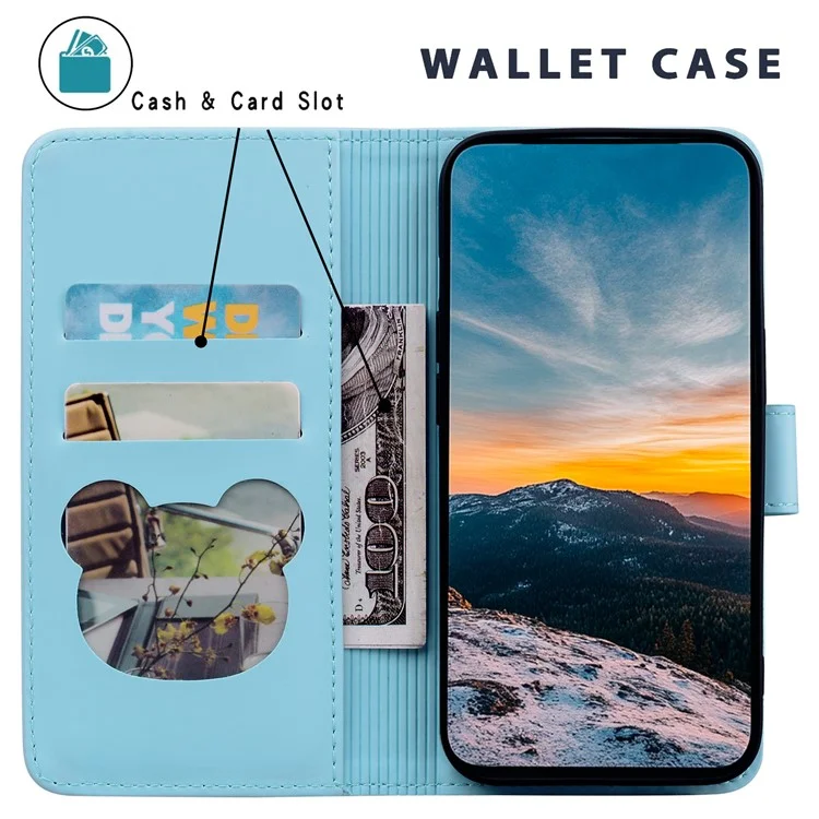 Para Iphone 13 Pro Max Case Wallet Patrón de Gato Cubierta de Teléfono de Cuero Impreso - Azul Cielo
