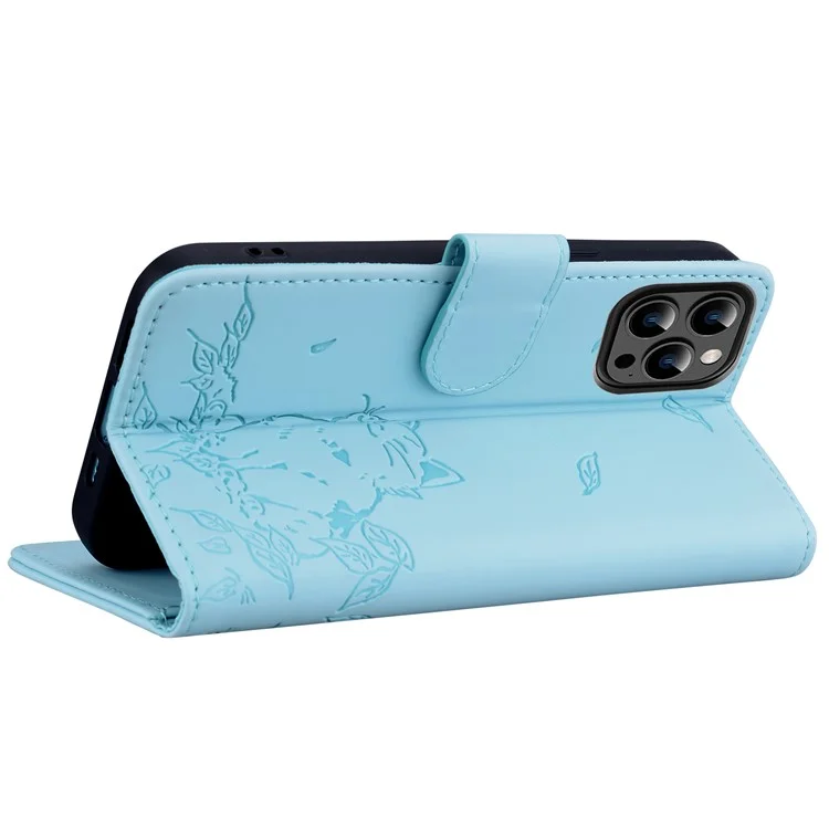 Para Iphone 13 Pro Max Case Wallet Patrón de Gato Cubierta de Teléfono de Cuero Impreso - Azul Cielo