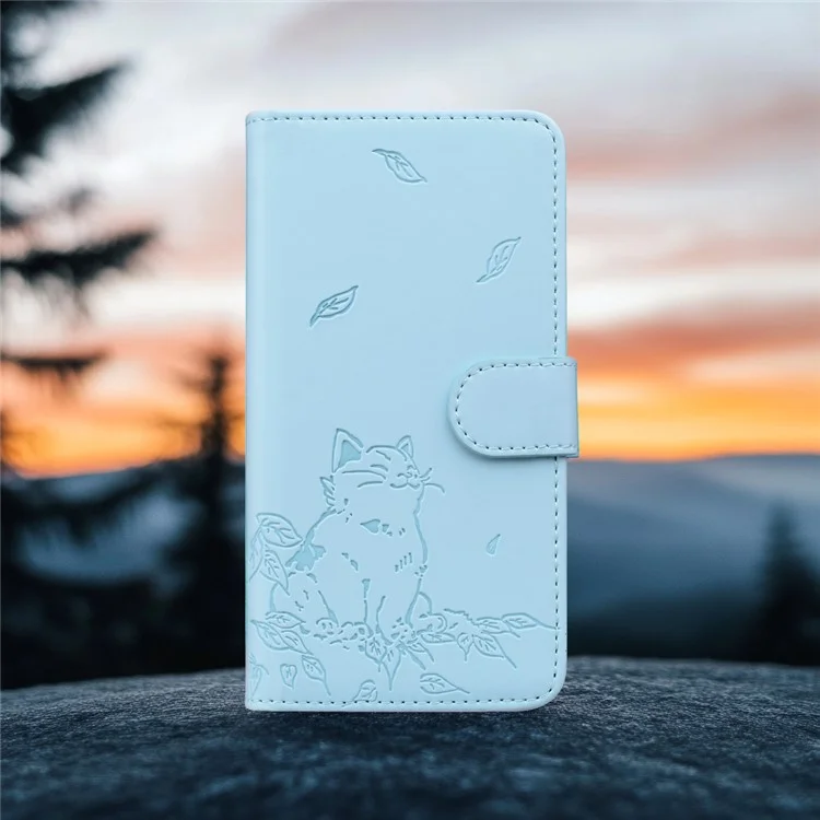Para Iphone 13 Pro Max Case Wallet Patrón de Gato Cubierta de Teléfono de Cuero Impreso - Azul Cielo