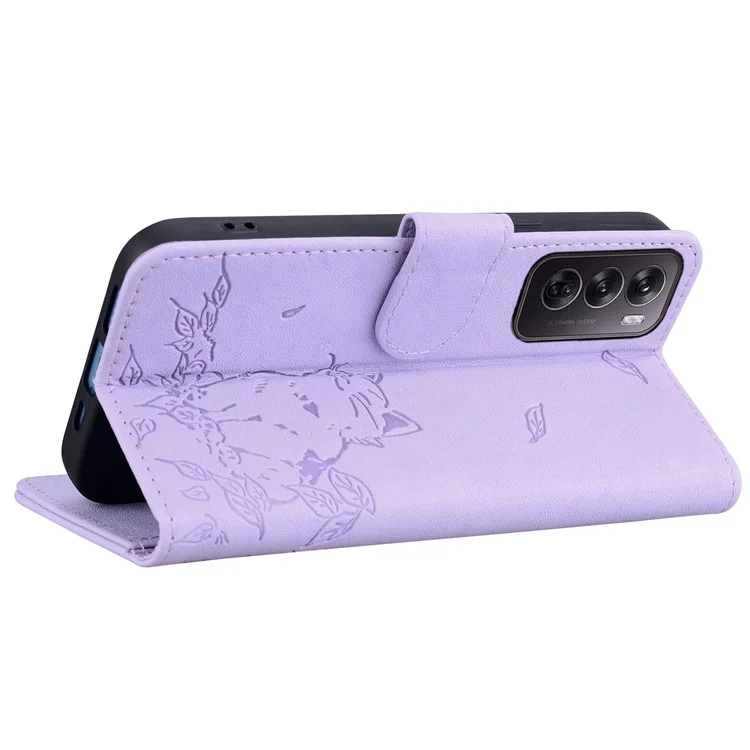 Für Oppo Reno12 5G (Global) Case Wallet Cat Muster Eingeprägter Leder -telefonabdeckung - Lila
