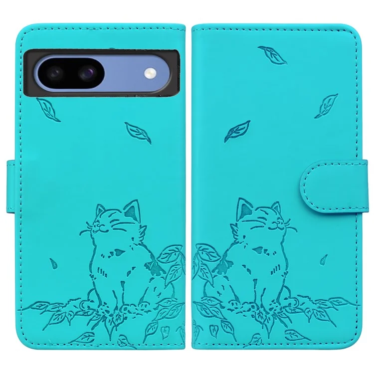Per Google Pixel 8a Case Wallet Cat Pattern Exprinted Leather Cover - Lake Blue