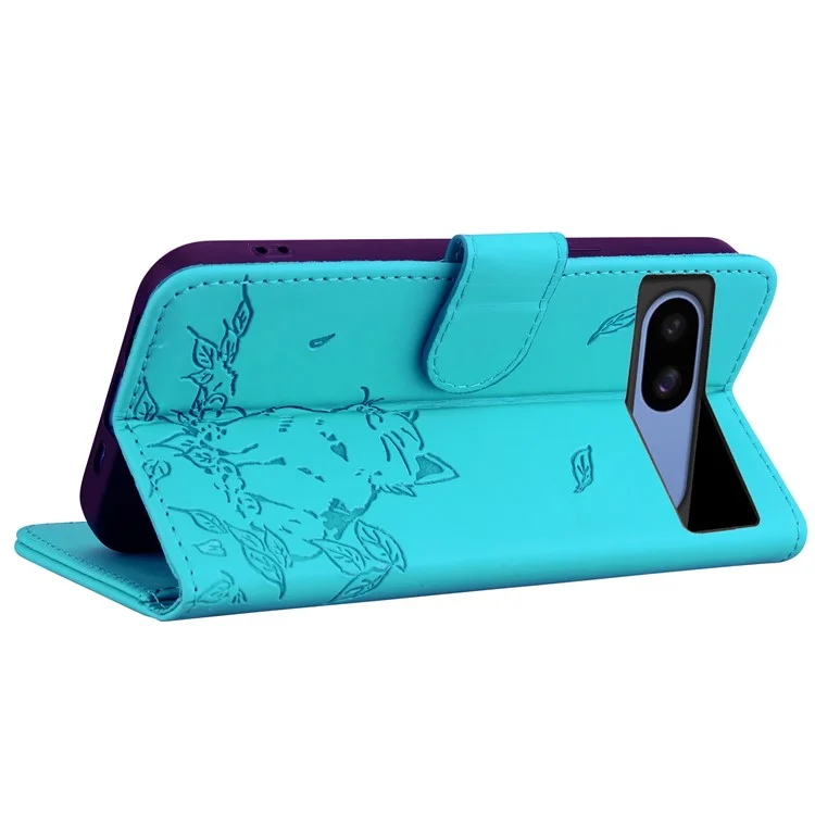 Per Google Pixel 8a Case Wallet Cat Pattern Exprinted Leather Cover - Lake Blue