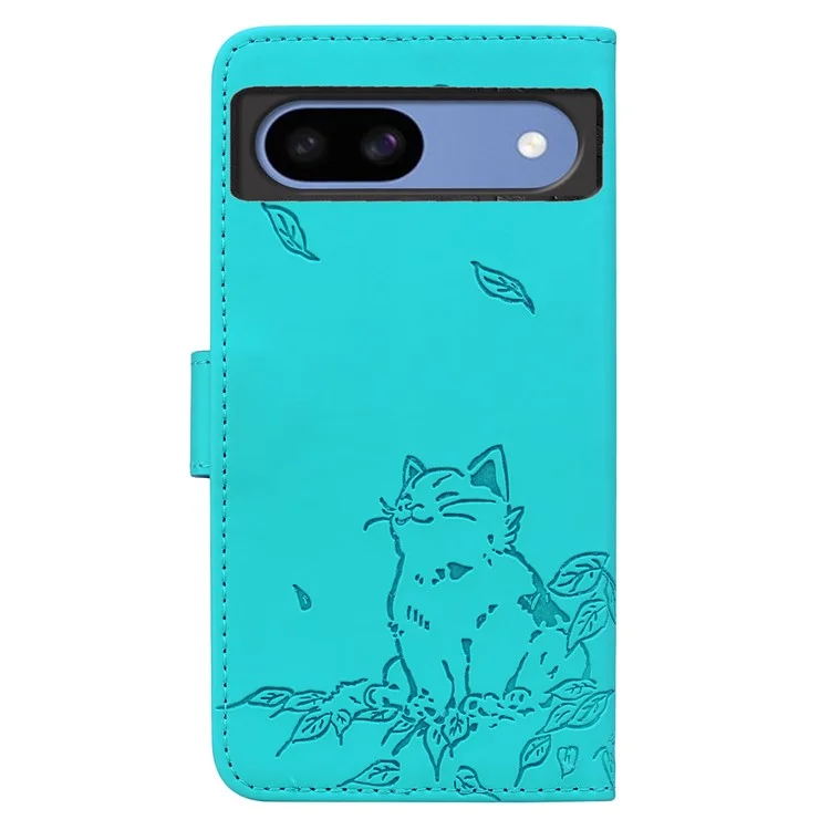 Per Google Pixel 8a Case Wallet Cat Pattern Exprinted Leather Cover - Lake Blue