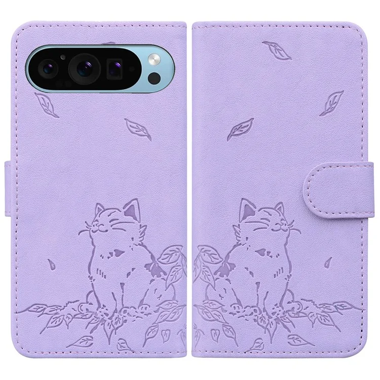 Para Google Pixel 9 Pro XL Case Wallet Patrón de Gato Cubierta de Teléfono Impresa de Cuero - Púrpura