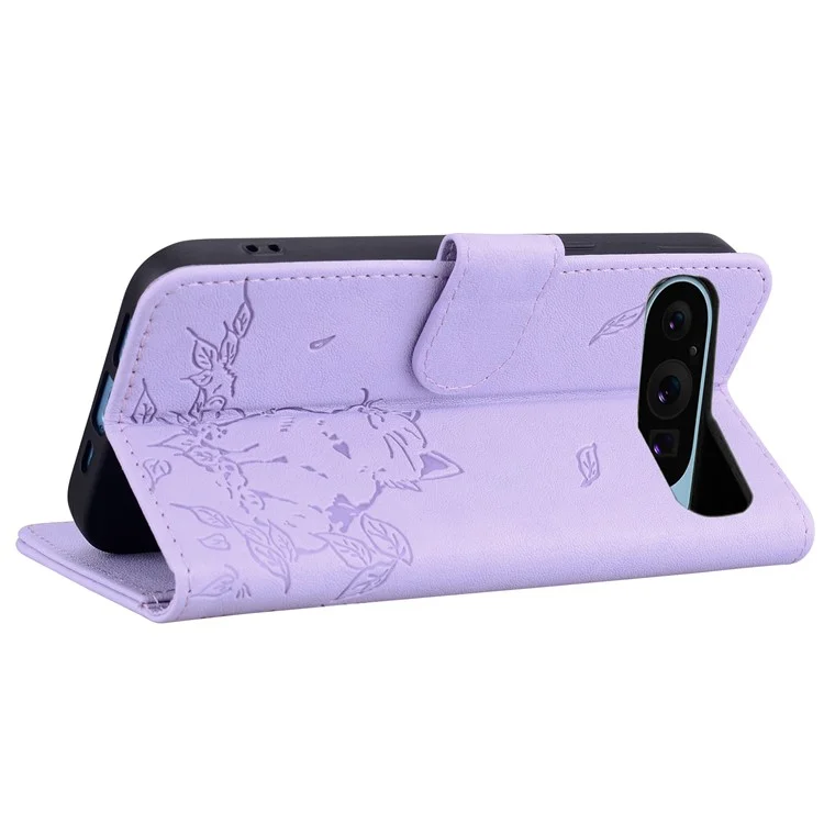 Para Google Pixel 9 Pro XL Case Wallet Patrón de Gato Cubierta de Teléfono Impresa de Cuero - Púrpura
