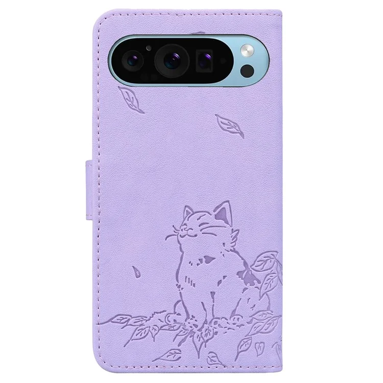 Para Google Pixel 9 Pro XL Case Wallet Patrón de Gato Cubierta de Teléfono Impresa de Cuero - Púrpura