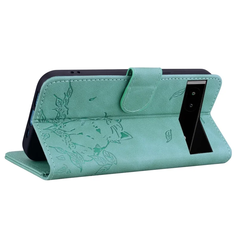 For Google Pixel 7a Case Wallet Cat Pattern Imprinted Leather Phone Cover - Green