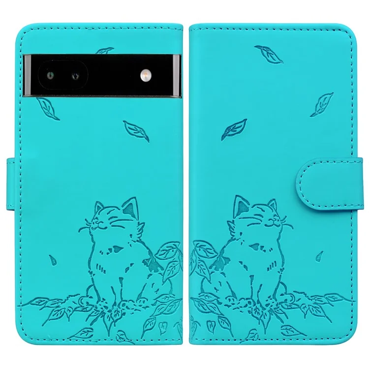 For Google Pixel 7a Case Wallet Cat Pattern Imprinted Leather Phone Cover - Lake Blue
