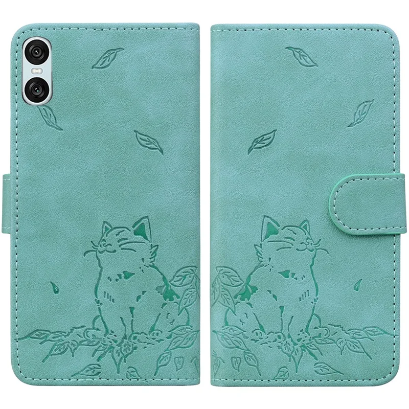 Para Sony Xperia 10 VI Case Wallet Patrón de Gato Cubierta de Teléfono Impreso de Cuero - Verde