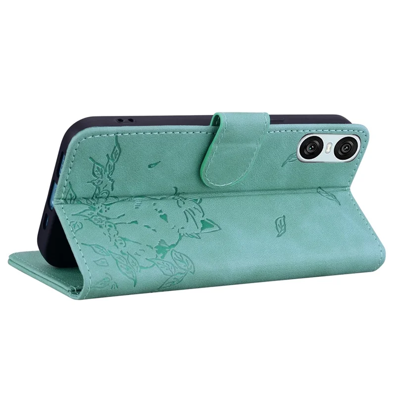 Para Sony Xperia 10 VI Case Wallet Patrón de Gato Cubierta de Teléfono Impreso de Cuero - Verde