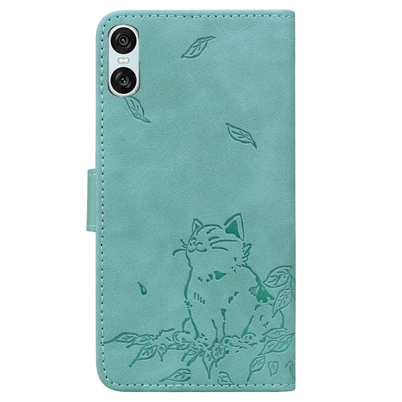 Para Sony Xperia 10 VI Case Wallet Patrón de Gato Cubierta de Teléfono Impreso de Cuero - Verde