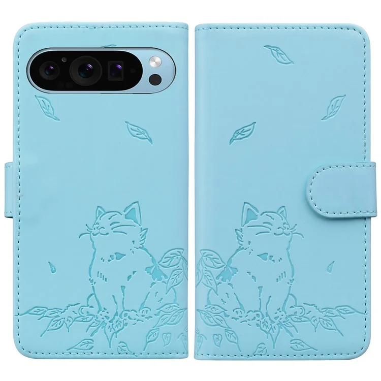 Für Google Pixel 9 / Pixel 9 Pro Case Wallet Cat Muster Eingeprägter Leder -telefonabdeckung - Himmelblau
