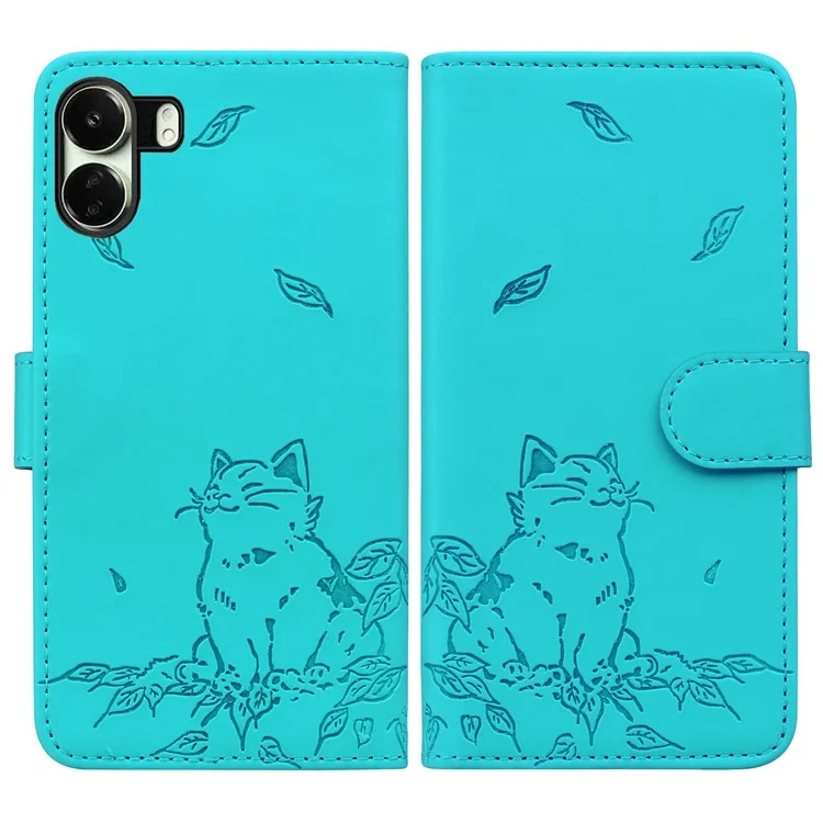 For Xiaomi Redmi 13C 4G / Poco C65 4G Case Wallet Cat Pattern Imprinted Leather Phone Cover - Lake Blue